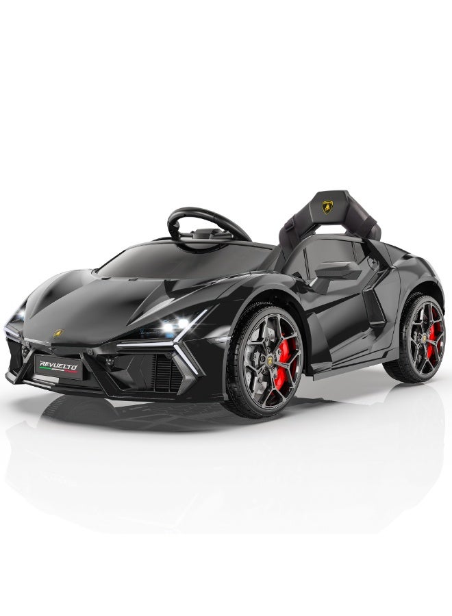 فيرست رايد أون - سيارة ركوب كهربائية للأطفال لامبورجيني ريفويلتو مرخصة 12 فولت، مع جهاز تحكم عن بعد، خاصية الانطلاق السلس، بلوتوث، أضواء LED، 3 سرعات (أسود) - Image 1